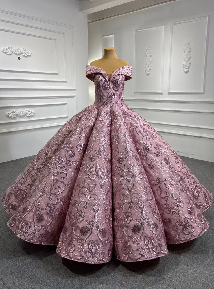 Pink Ball Gown Sequins Appliques Luxury Prom Dress