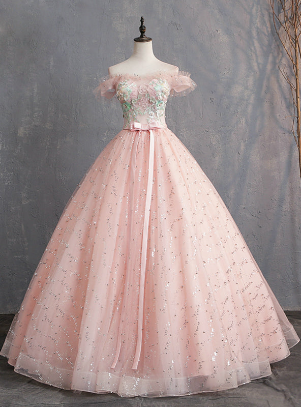 Pink Ball Gown Tulle Off the Shoulder Appliques Quinceanera Dresses