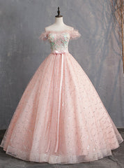 Pink Ball Gown Tulle Off the Shoulder Appliques Quinceanera Dresses