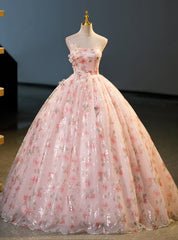 Pink Ball Gown Tulle Print Flower Quinceanera Dress