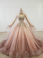 Pink Ball Gown Tulle Sequins High Neck Cap Sleeve Wedding Dress