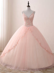 Pink Ball Gown Tulle V-neck Double Straps Appliques Quinceanera Dresses