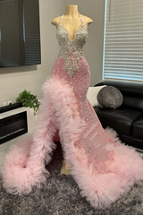 Roze halter tule ruches High Split Prom Party -jurken