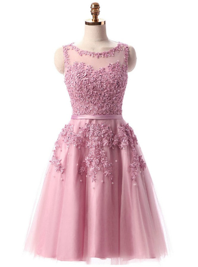 Pink Lace Short Beaded Homecoming Dress