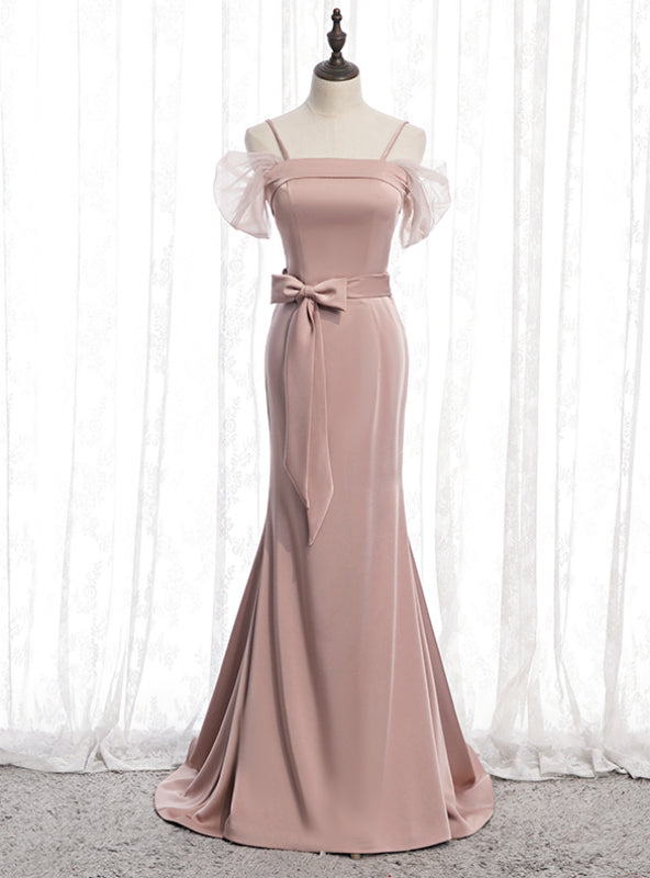 Pink Mermaid Satin Spagehtti Straps Prom Dress With Sash