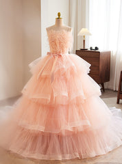 Pink Princess Tulle Spaghetti Straps Feather Prom Dress