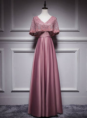 Pink Satin Lace V-neck Bat Pearls Prom Dress