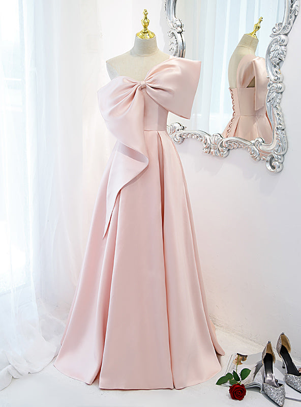 Pink Satin One Shoulder Prom Dress With Bow