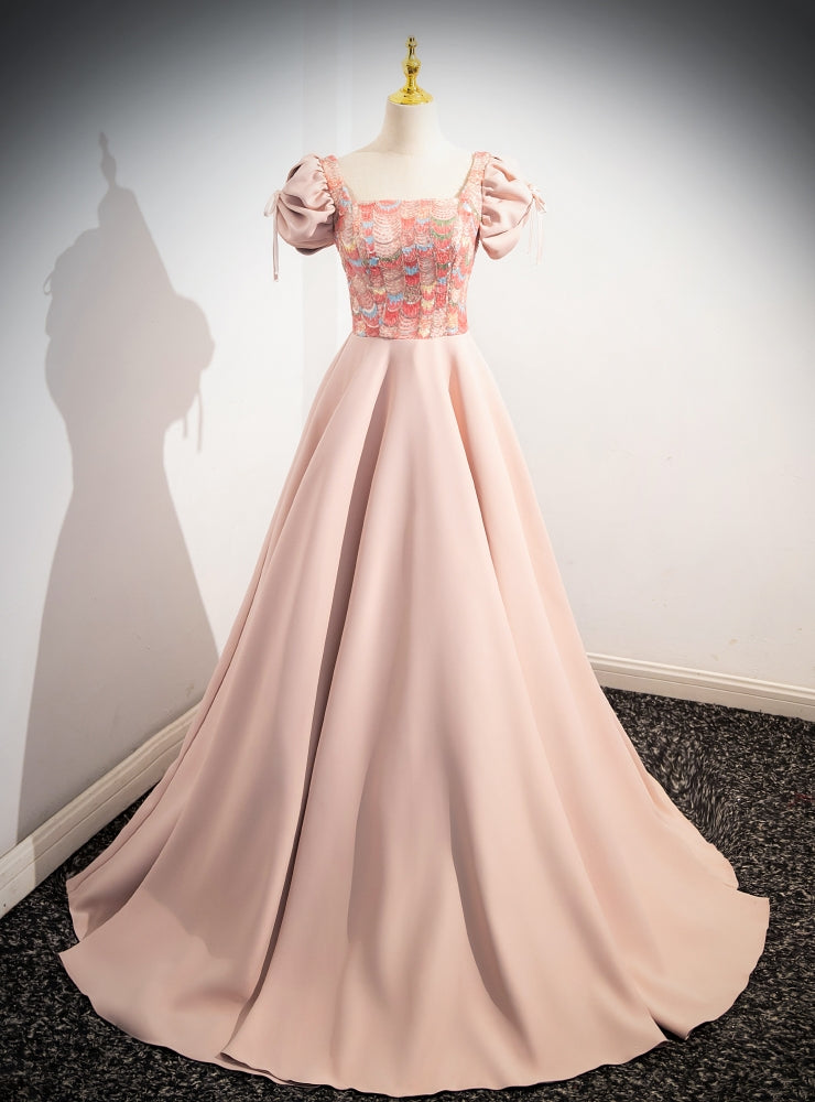 Pink Satin Sequins Puff Sleeve Prom Dress