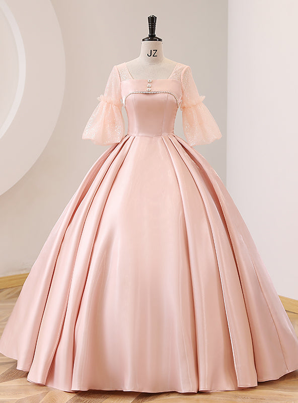 Pink Satin Square Short Sleeve Quinceanera Dress