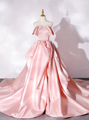 Pink Satin Strapless 3D Flower Quinceanera Dress