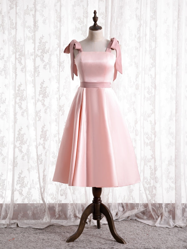 Pink Satin Straps Tea Length Prom Dress