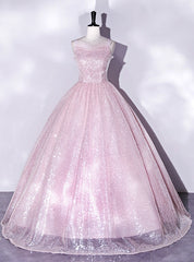 Pink Sequins Spaghetti Straps Quinceanera Dress