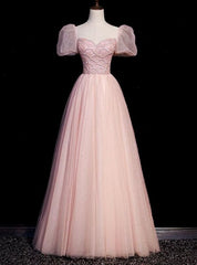 Pink Sequins Tulle Puff Sleeve Beading Prom Dress