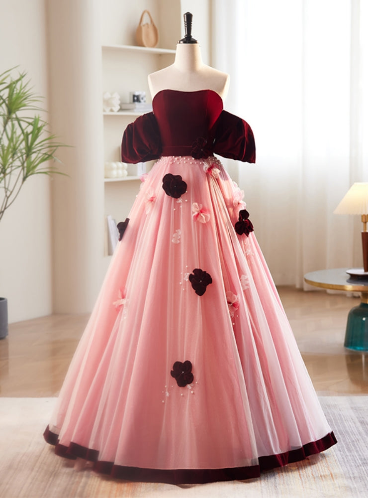 Pink Tulle Burgundy Velvet Sweetheart Prom Dress