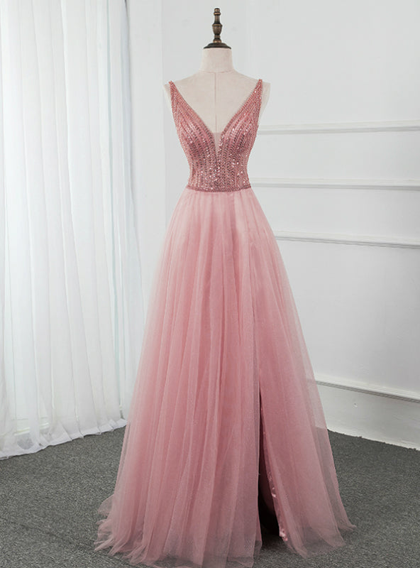 Pink Tulle Deep V-neck Backless Beading Sequins Prom Dress