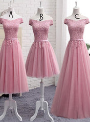 Pink Tulle Long Party Dress , Cute Off Shoulder Bridesmaid Dresses