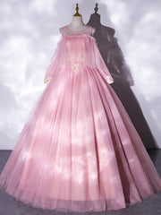 Pink Tulle Long Sleeve 3D Appliques Quinceanera Dress