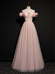 Pink Tulle Off the Shoulder Beading Prom Dresses