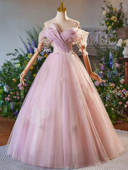 Pink Tulle Off the Shoulder Pleats Butterfly Prom Dress