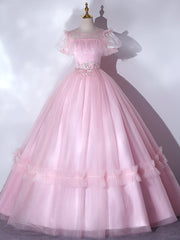 Pink Tulle Puff Sleeve Appliques Quinceanera Dress