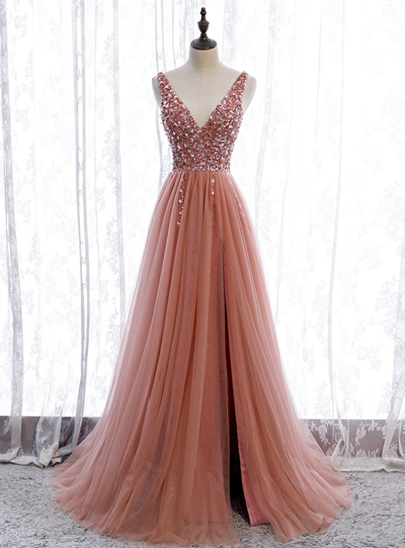 Pink Tulle Seep V-neck Backless Beading Sequins Prom Dress