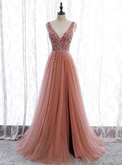 Pink Tulle Seep V-neck Backless Beading Sequins Prom Dress