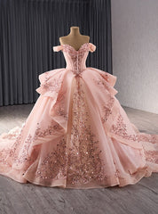 Pink Tulle Sequins Appliques Prom Dress