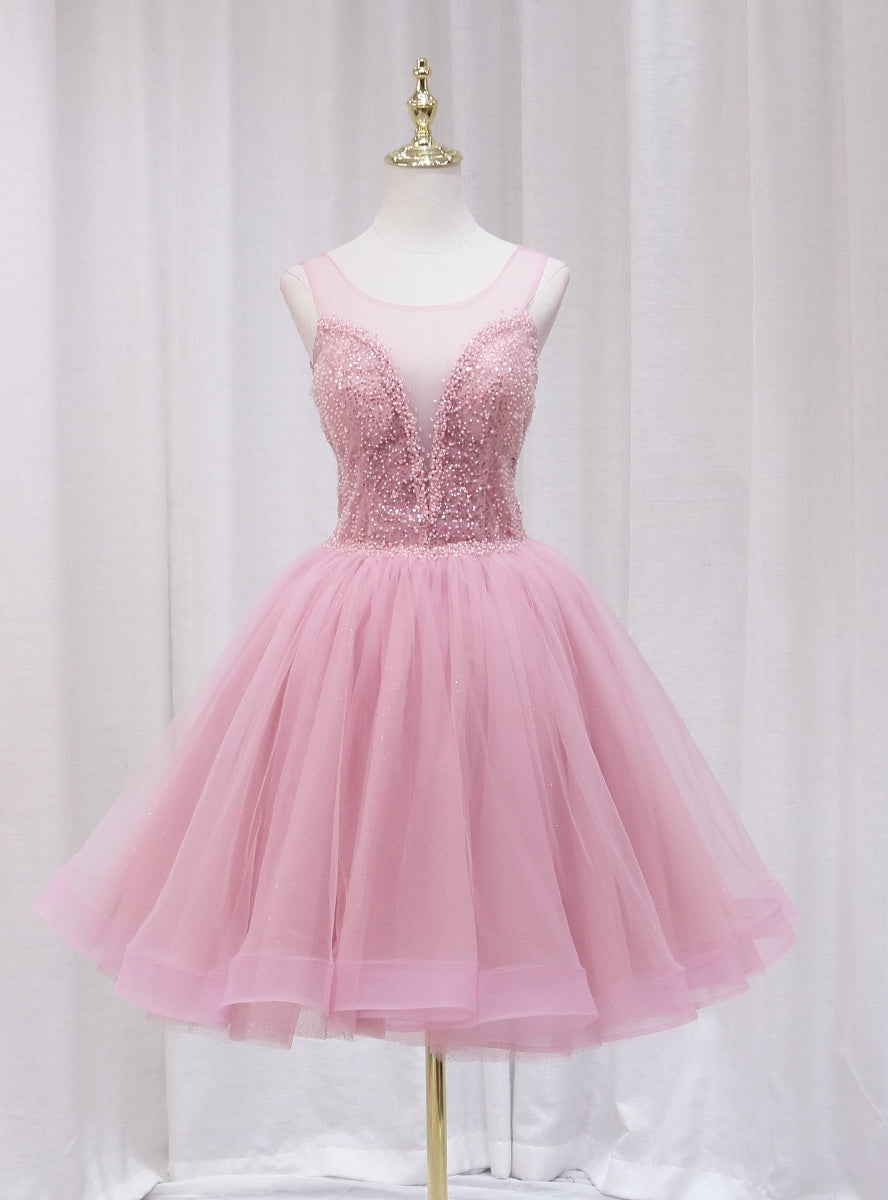 Pink Tulle Sequins Beading Homecoming Dress