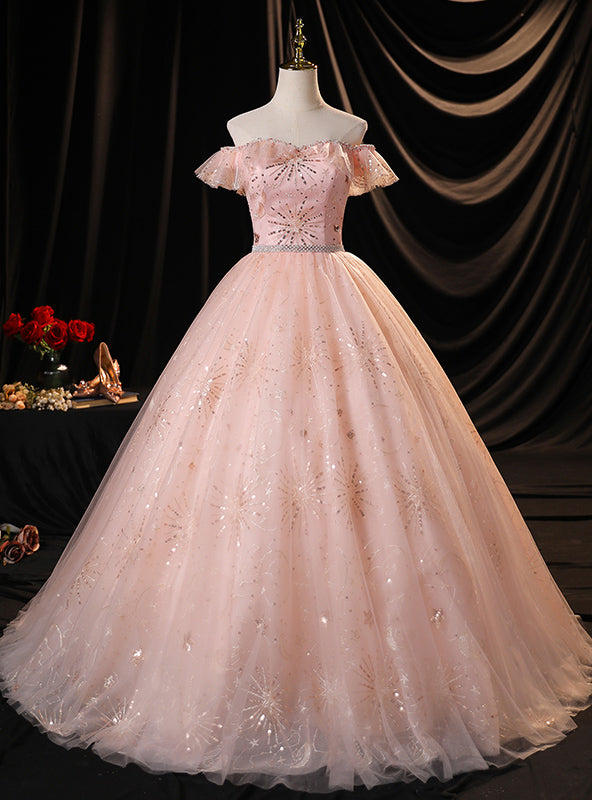 Pink Tulle Sequins Beading Off the Shoulder Quinceanera Dress