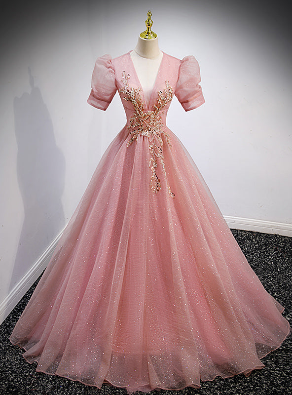 Pink Tulle Sequins Deep V-neck Puff Sleeve Beading Prom Dress