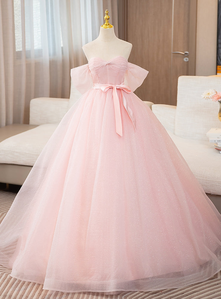 Pink Tulle Sequins Off the Shoulder Pleats Quinceanera Dress