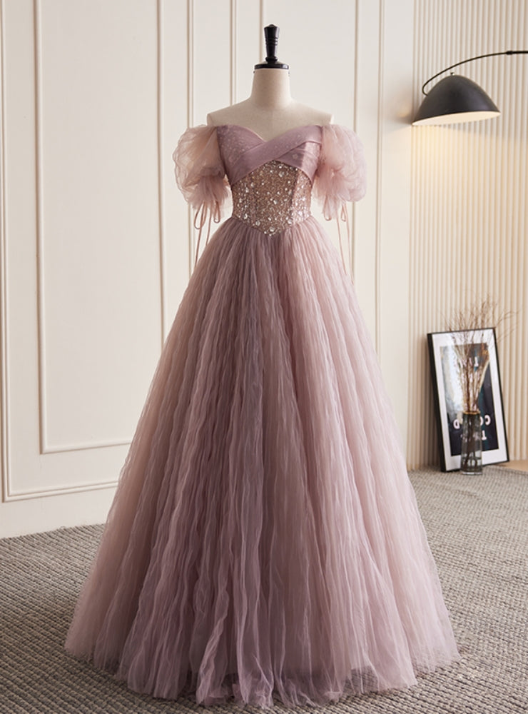 Pink Tulle Sequins Puff Sleeve Off the Shoulder Prom Dress