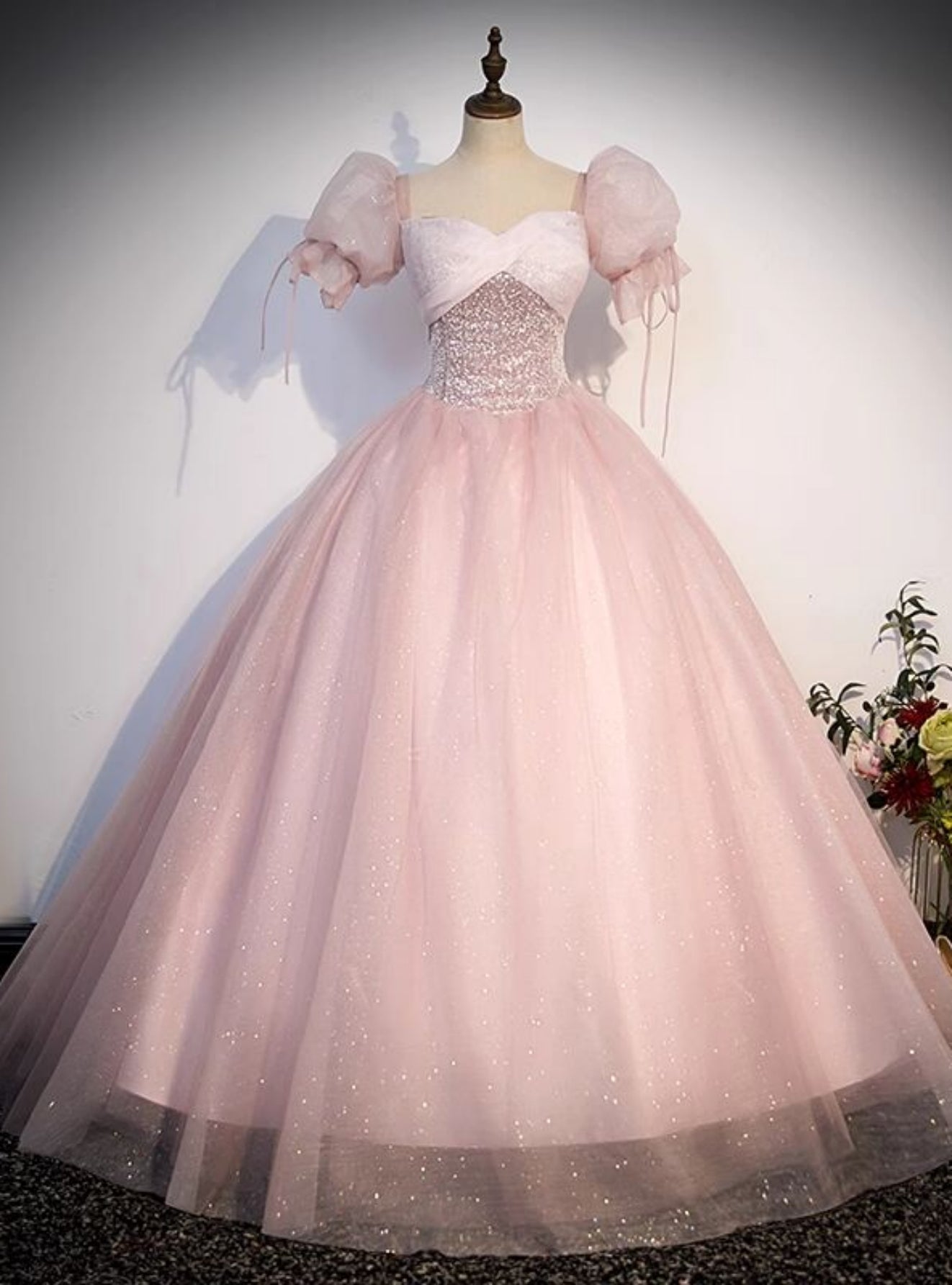 Pink Tulle Sequins Puff Sleeve Quinceanera Dress