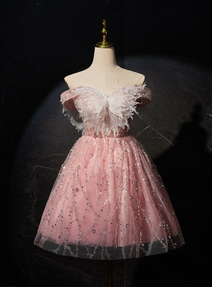 Pink Tulle Sequins Short Homecoming Dress