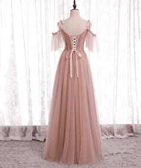 Pink Tulle Simple A-line Long Wedding Party Dresses Pink Formal Dresses prom dresses shops