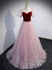 Pink Tulle Square Puff Sleeve Prom Dress