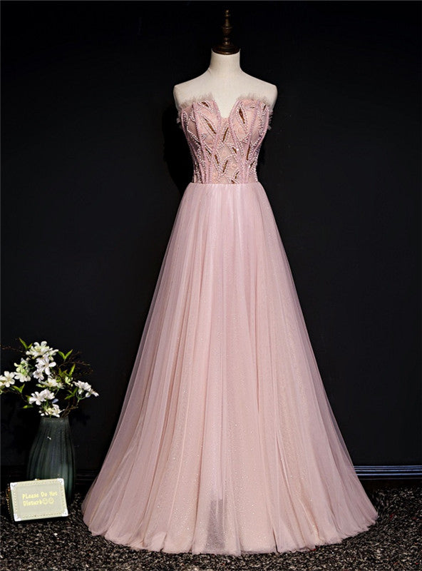 Pink Tulle Strapless Beading Formal Prom Dress