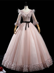 Pink Tulle Wave Point Long Sleeve Quinceanera Dress