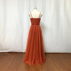 Burnt Orange Tulle Bridesmaid Dress, 2025 Spaghetti Straps Boho