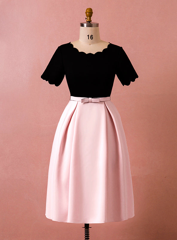 Plus Size Pink Black Satin Short Sleeve With Bow Short Prom Dress