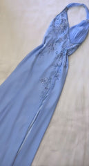 Pretty A Line Halter Blue Slit Chiffon Prom Dresses Long Evening Gowns