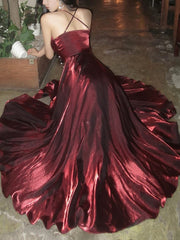 Pretty A Line Spaghetti Straps Burgundy Satin Prom Dresses Evening Gowns Birthday Dress