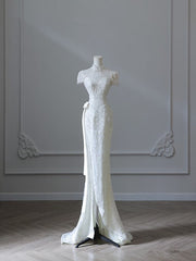 Princess Sheath High Neckline White Sequin Long Wedding Dresses Brides Dress