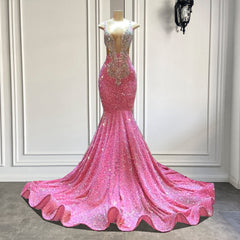 Sparkly Pink Prom Dresses Deep V Neck Evening Dresses