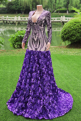 Purple Rose Prom Dresses Sequined V Neck Mermaid Evening Party Dresses Flowers Long Sleeves Pageant Gown