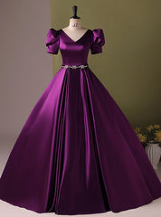 Purple Satin Short Sleeve V-neck Quinceanera Dress