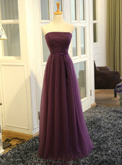 Purple Strapless Pleats Tulle Bridesmaid Dress