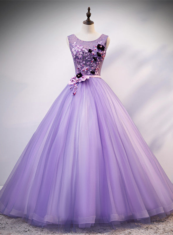 Purple Tulle Appliques Beading Quinceanera Dress