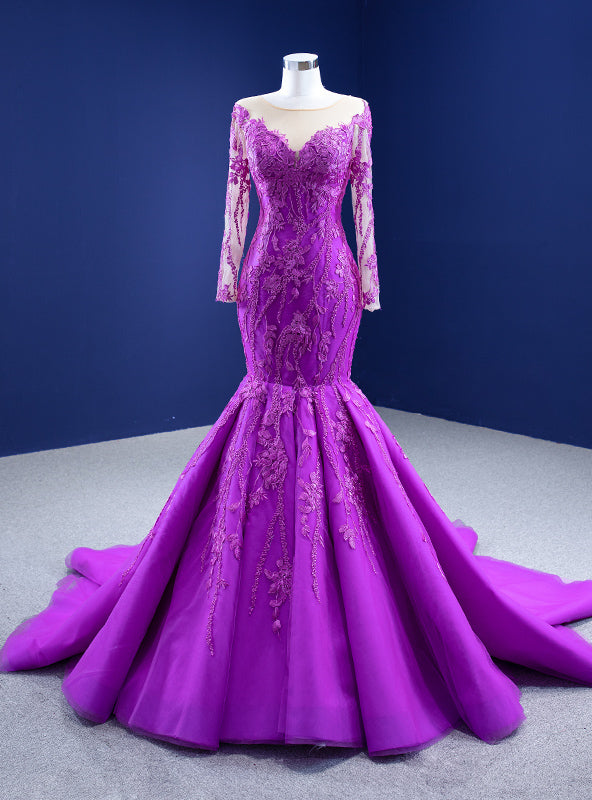 Purple Tulle Appliques Long Sleeve Prom Dress